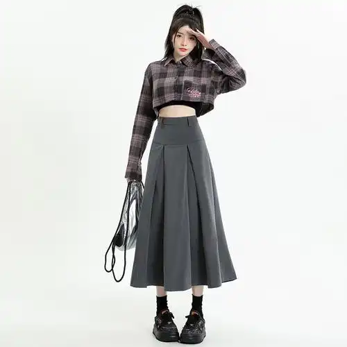 灰色学院风百褶裙女2023年秋冬厚款高腰a字显瘦百搭中长款半身裙