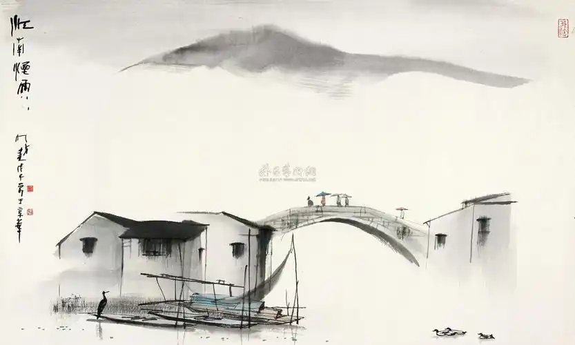 1045 江南烟雨 镜心 设色纸本