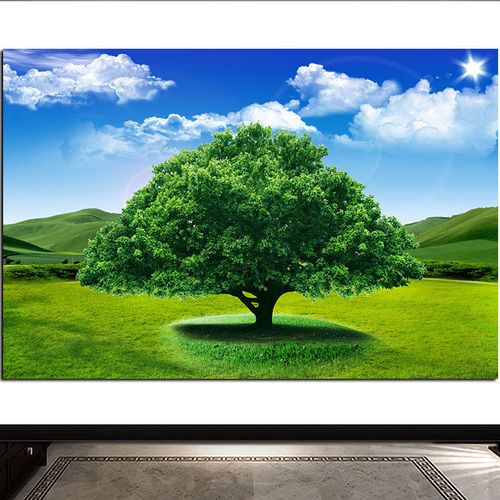 青山绿树一棵树绿色树木森林草地护眼图蓝天白云意境田园风客厅画