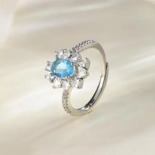 斯井 花瓣蓝色托帕石戒指wish热卖新款花朵戒子指环告白求婚礼物