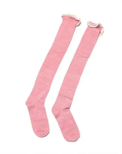 k.bell 花纱带花边过膝女款粉色长筒袜