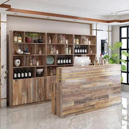 寻木匠饭店吧台餐厅转角收银台柜台带酒柜简约现代商用店铺组合展示柜