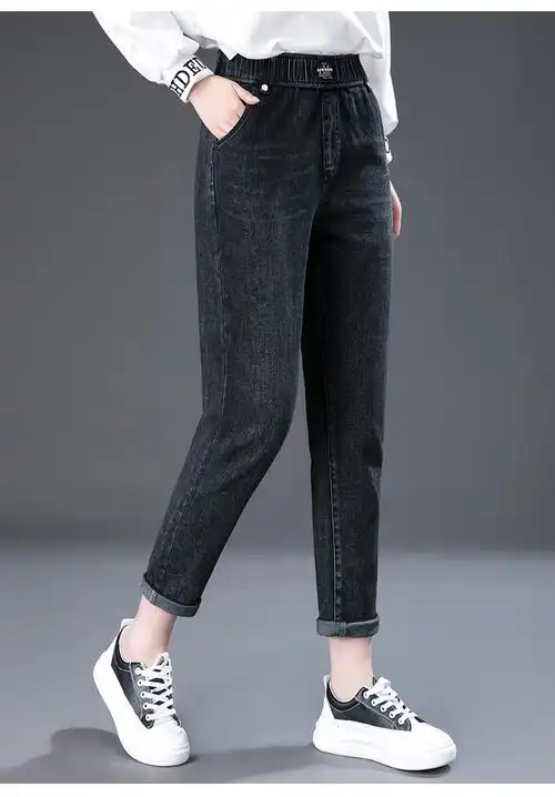 中年妈妈牛仔裤松紧带黑色女高腰宽松哈伦裤长裤裤子春秋中老女裤黑色