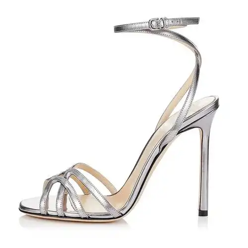 走秀款子欧美新款女鞋外贸大码交叉细带一字带圆头细跟银色凉鞋鞋