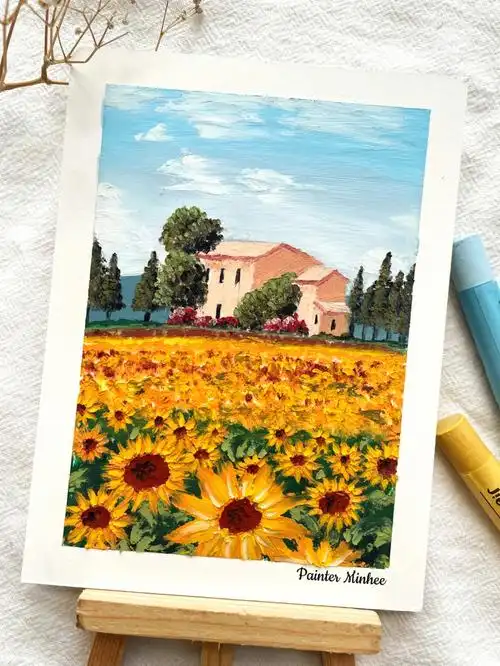 油画棒向日葵花园风景画附色号