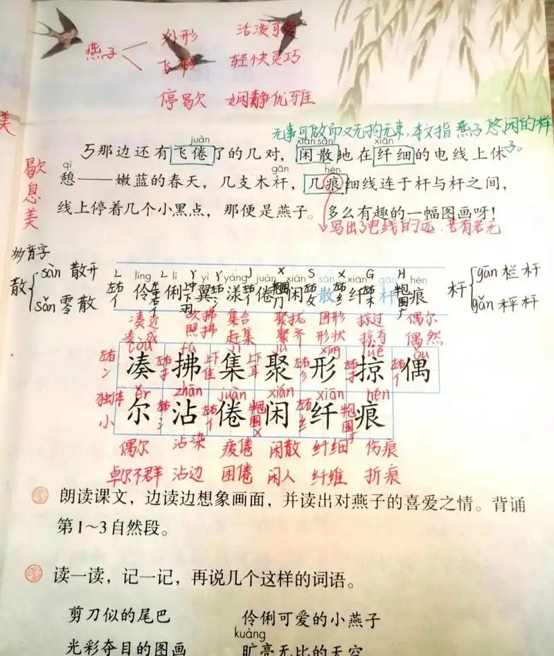 三年级下册语文第二课《燕子》预习笔记 三年级下册语文第二课《燕子