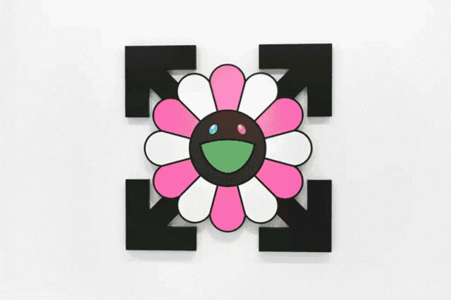 而展览作品依旧是将 virgil 与村上隆的标志性元素箭头及太阳花相结合