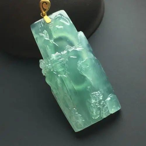 冰种晴水山水牌天然翡翠吊坠18k金扣