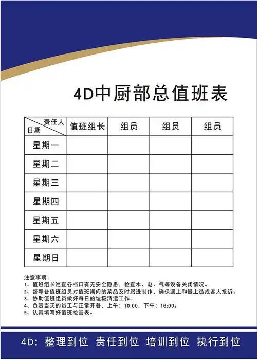 餐厅饭店厨房4d中厨部总值值班表墙贴画69kt其他装饰画