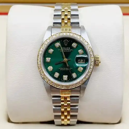 劳力士日志女表孔雀绿满钻圈间金二手精品