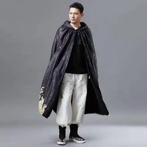 复古布衣秋季新款 金龙带帽披风 斗篷男风印花带帽长款风衣