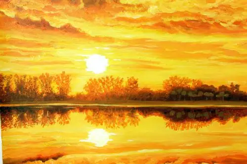 朝鲜名家油画 朴成龙《火烧云》一级画家 丙烯画