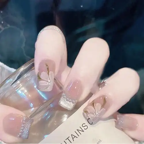 彩绘白茶花晶石猫眼珍珠中长方圆美甲穿戴成品高级感假指甲贴片