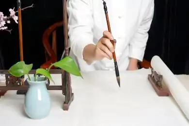 身着白衣女子手拿毛笔在宣纸上抬笔要写字