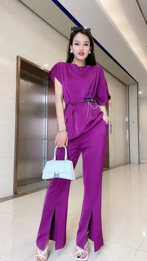 高定制阔腿裤套装女夏设计感系带收腰上衣高腰西装裤醋酸两件套