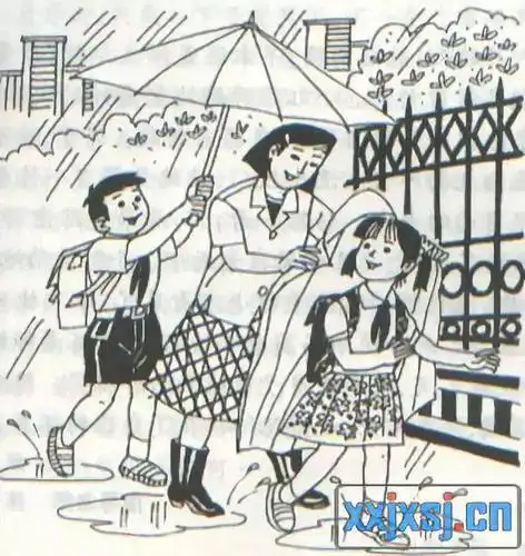 忽然,李老师看见小红在雨中跑着,什么雨具也没带,急忙跑上去,脱下自己