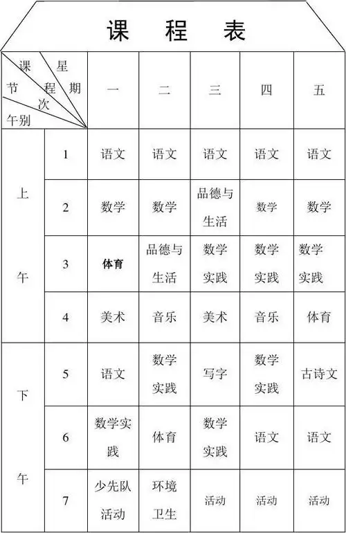 (完整版)一年级课程表