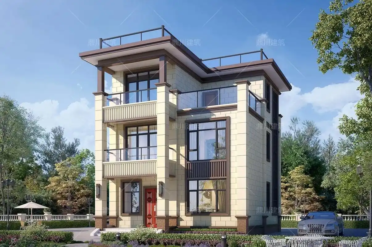 新中式三层平屋顶别墅,背面不开窗,方正大方#农村自建别墅 # - 抖音