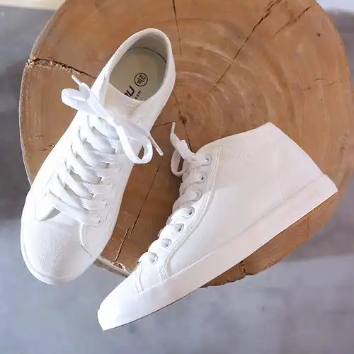 全白高帮小白鞋女百搭平底帆布鞋学生鞋白色中帮高邦薄款球鞋夏