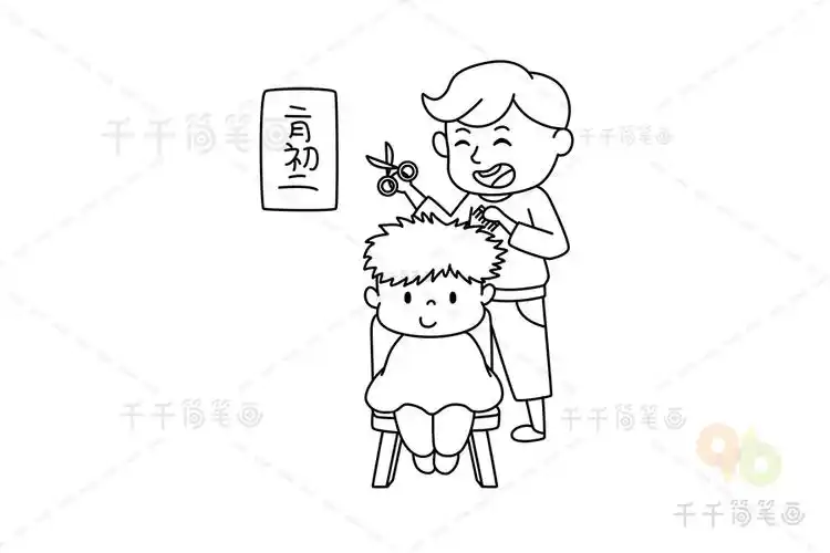 第二步:勾勒出理发师的线条.第一步:画出小男孩的轮廓.