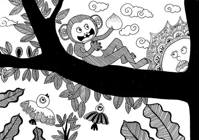 树上的猴子儿童线描画作品