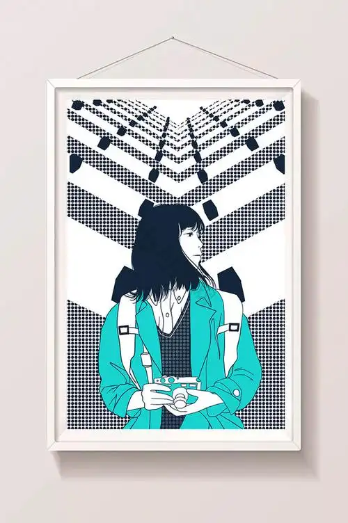 描线风拿相机女孩插画