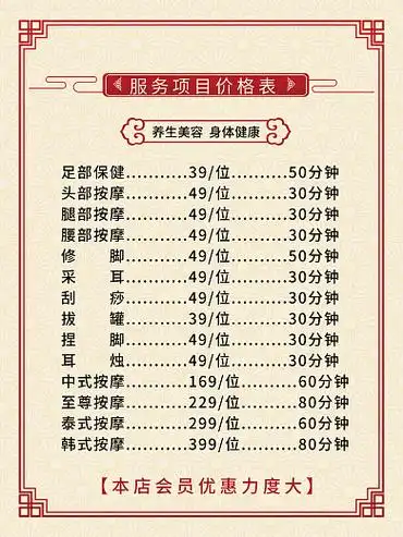 按摩价目表中医推拿针灸养生价目表价格表