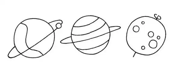 一组星球简笔画图片:步骤四:画出周边的小行星步骤三:画上轨道步骤二