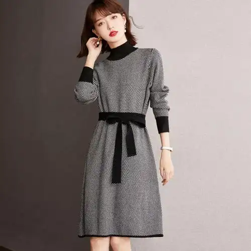 正品哥弟新款女装2022春秋正品半高领针织连衣裙女名媛风毛衣裙