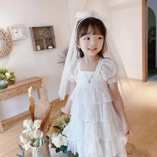 秋季儿童白色公主裙纱裙女宝宝生日礼服走秀表演婚纱连衣裙花童仙