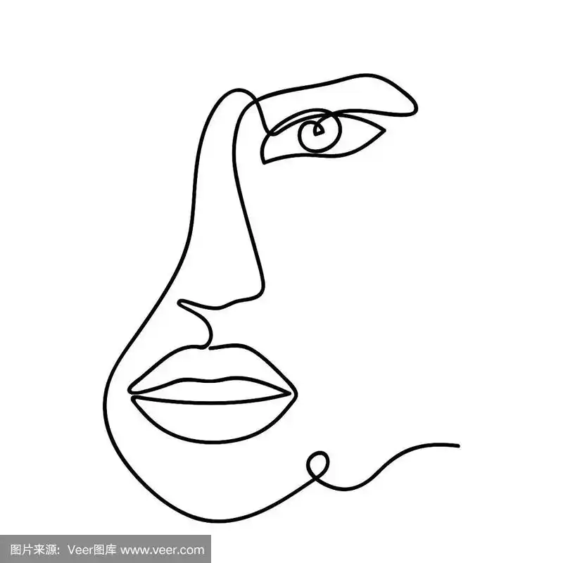 女人抽象的脸,一线一画.手绘轮廓图.连续的线.portret女性.矢量图