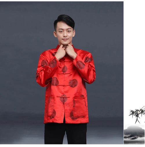男士唐装长袖外套中国风丝绸男装上衣婚礼年会演出司仪喜庆服装酒红色