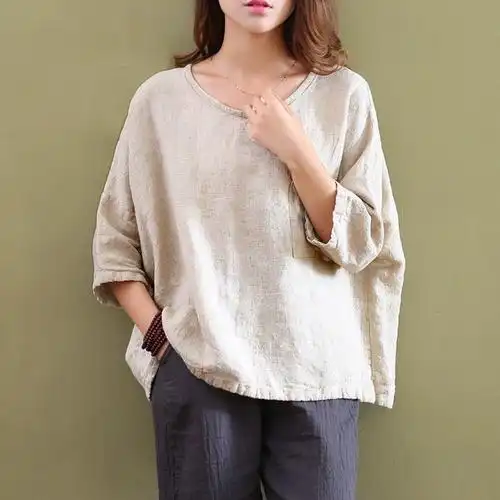 胖妹妹款宽松棉麻wish 文艺气质女装大码女式衬衫亚麻上衣打底t恤