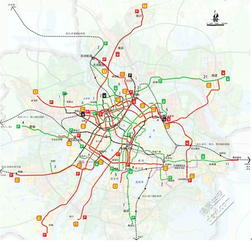 一,线网规划概况  武汉市远景市域轨道交通线网总长1100km,站点594