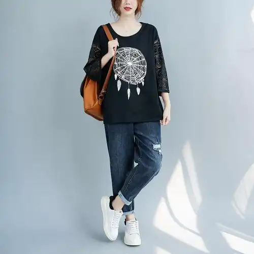 胖mm蕾丝加肥加大显瘦200斤胖女孩上衣女-六三一文艺大码女装112#42