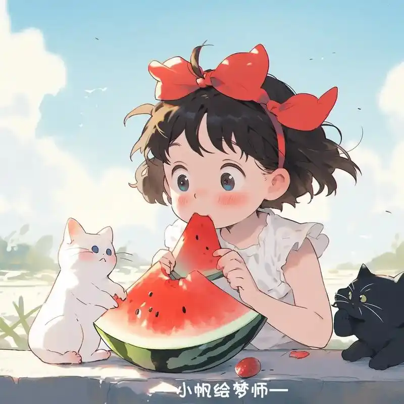 动人的可爱女孩吃西瓜头像.#治愈画风 #治愈系 #插画 #优 - 抖音