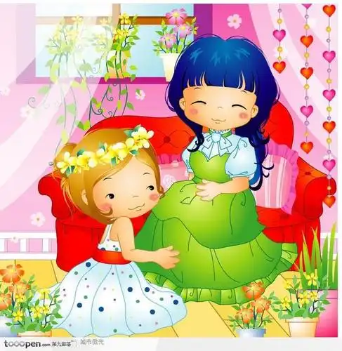 卡通儿童插画-靠在沙发上的两个小女孩