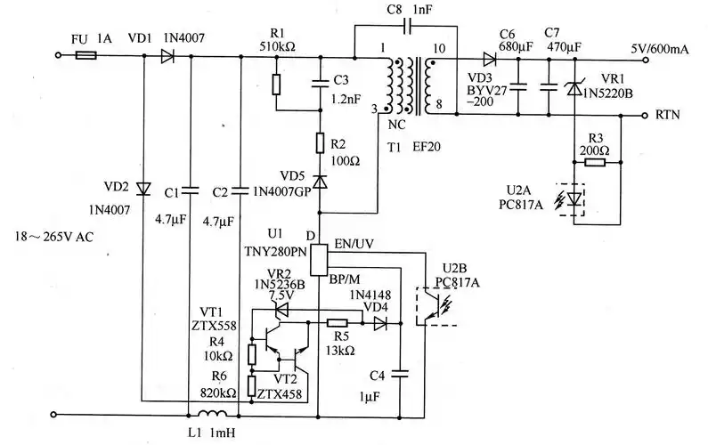 3w5v输出开关电源电路