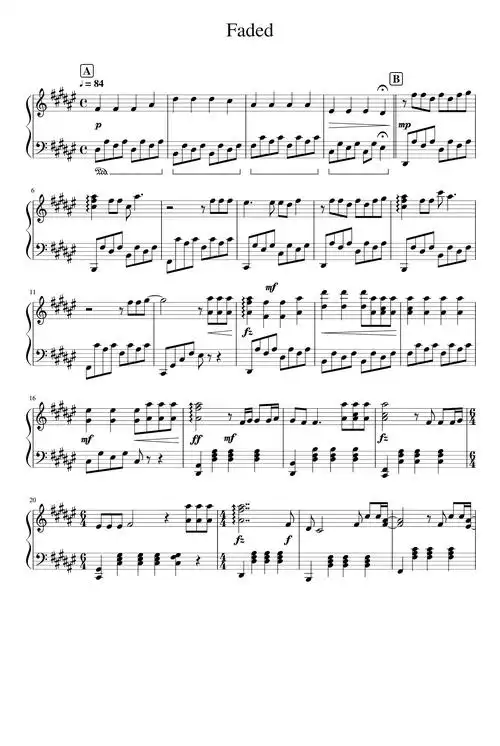 faded钢琴谱艾兰沃克升f调流行钢琴五线谱