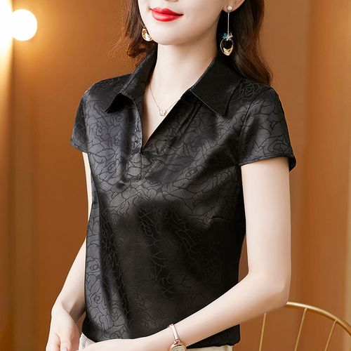 香云纱t恤女士polo领小衫高端洋气妈妈宽松上衣缎面衬衫短袖夏季