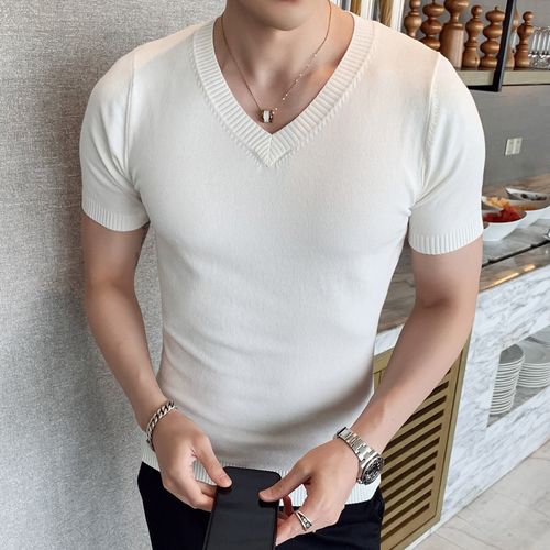 修身高弹力短袖针织衫t恤男半袖毛衣v领纯色体恤打底线衫薄毛线衣