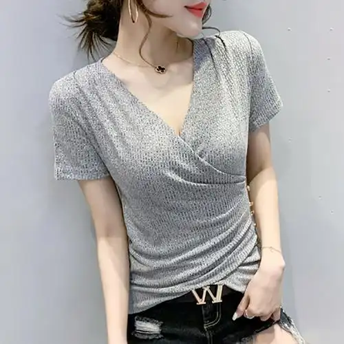 欧洲站夏装新款鸡心v领t恤女短袖百搭烫钻上衣半袖修身洋气小衫潮