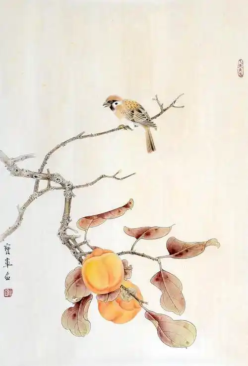 19:53:55【李宝军作品 ——  柿子小雀】名画2--工笔画花鸟波斯猫aaa