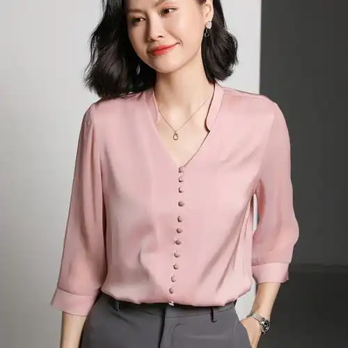 【桑蚕丝七分袖女上衣】重磅真丝衬衫女 七分袖桑蚕丝衬衣性感v领短袖