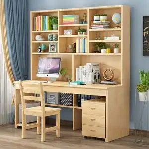 实木书桌书架组合家用带书柜一体电脑桌台式学生写字桌儿童学习桌