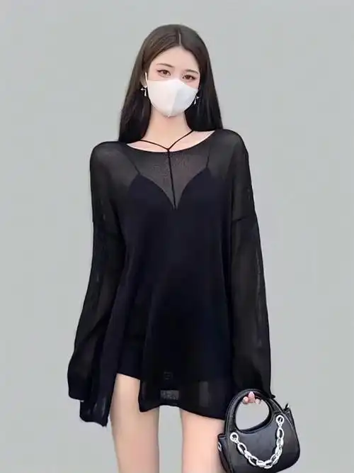微透视薄款黑色开叉防晒罩衫衣服女2022夏宽松中长款圆领长袖上衣