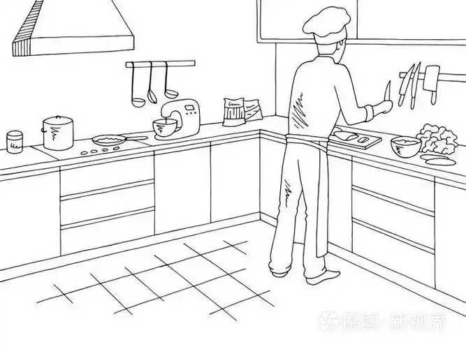 在餐厅厨房的厨房里烹饪食材,平面,黑白内部草图,插图矢量插画-正版