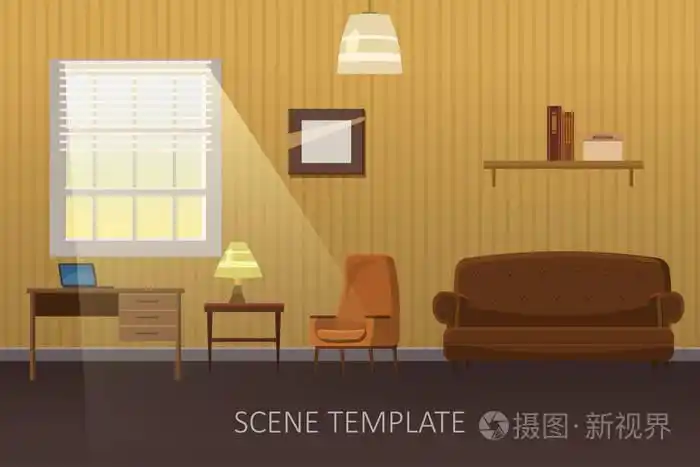 舒适的室内带沙发和电视.卡通风格矢量插画.动画场景模板