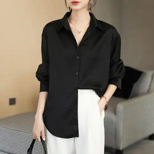 春款内搭叠穿衬衫女醋酸缎面高级感黑色衬衣免烫抗皱职业气质上衣