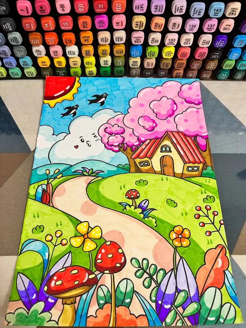 【日常手绘分享】春天主题|马克笔 今天小丫老师,画了一幅春天主题画